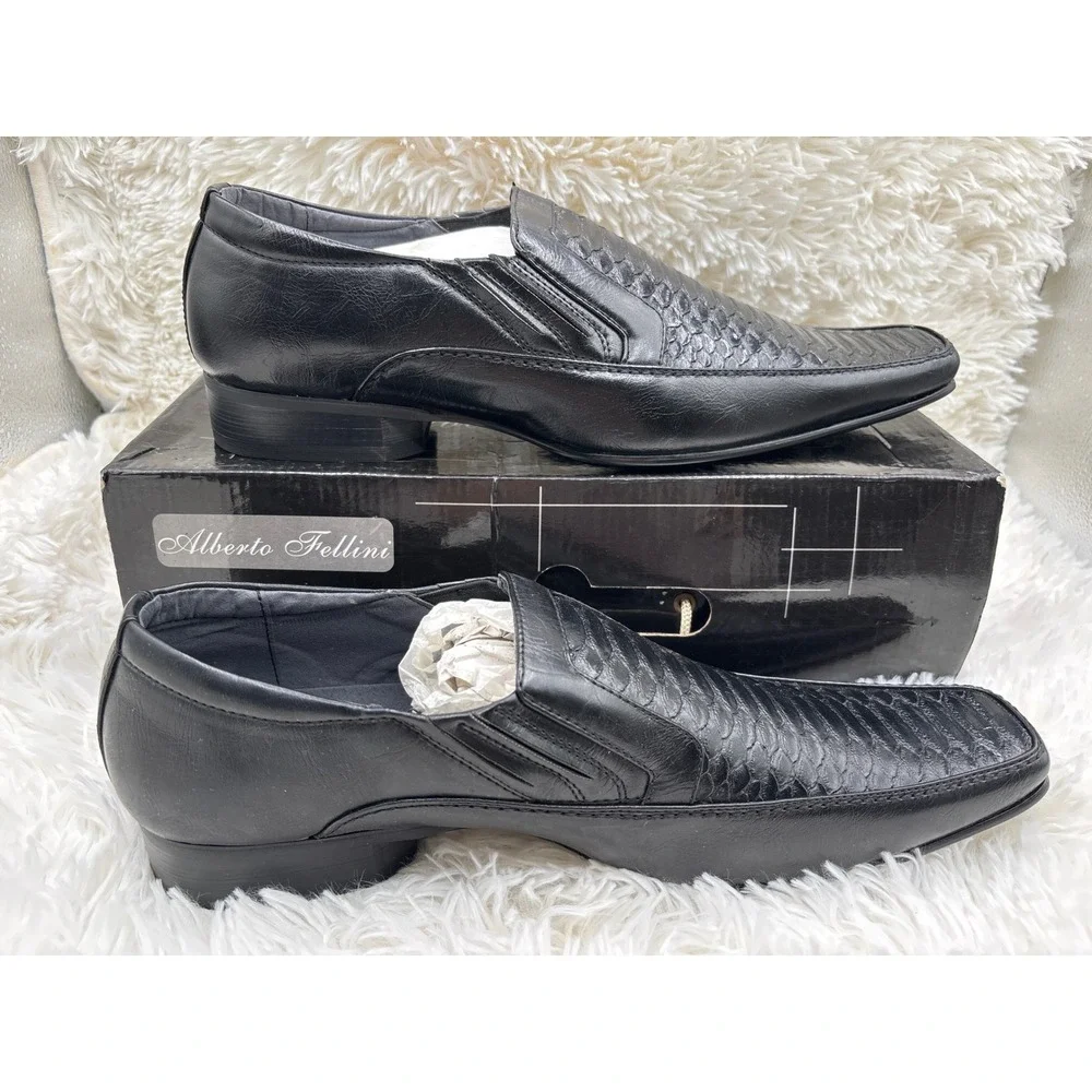 Alberto Fellini Mens Black Snakeskin Embossed Square Toe Slip On Loafers Size 12
